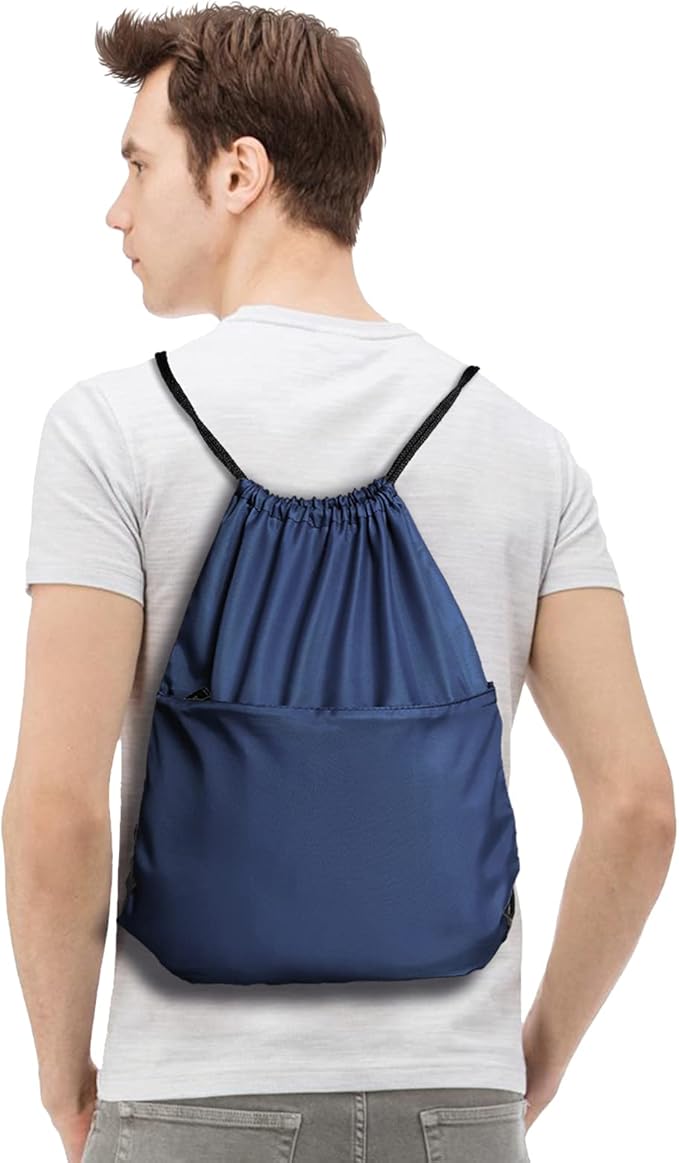 BuyAgain Drawstring Backpack Sports Water Resistant String Bag Sport Gym Sackpack for Women Men Large with Zipper, Navy
