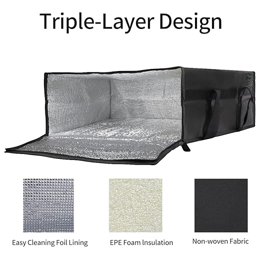 Bodaon Insulated Pizza Delivery Bag, 20" x 20" x 8" Pizza Warmer Bags for Carry Hot, Insulated Food Delivery Bag, Insulated Grocery Bags, Black, 1-Pack