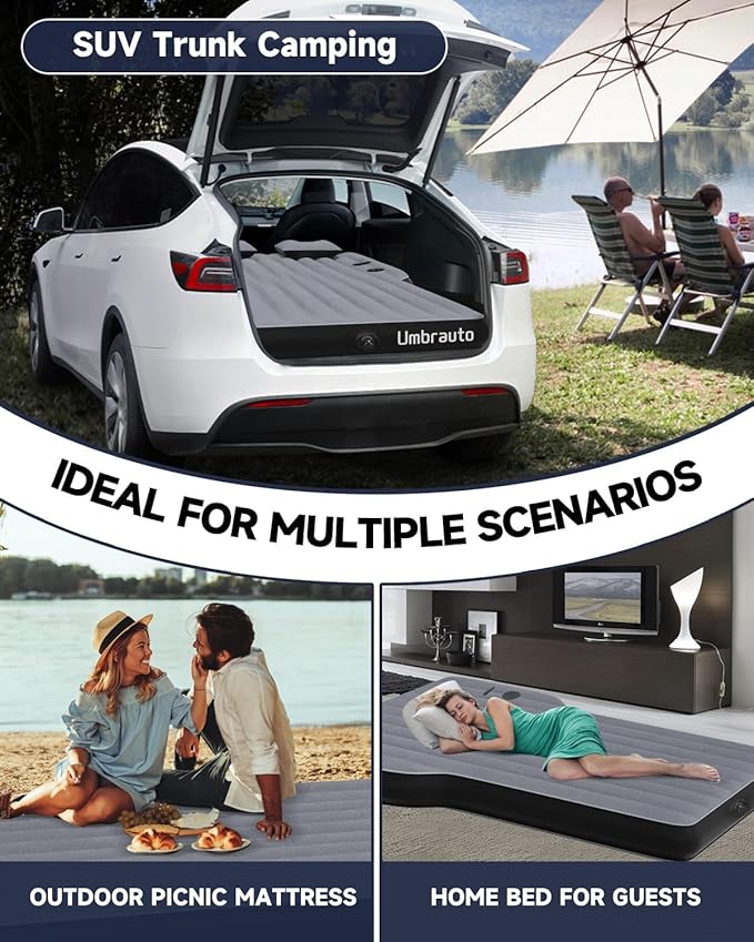 Umbrauto Air Mattress for Tesla Model Y, Custom Inflatable Camping Bed for Back Trunk, Upgraded Sleeping Pad w/Soft Flocking Surface, Durable 210T Fabric Bottom, Portable Pump for SUV Outdoor Travel