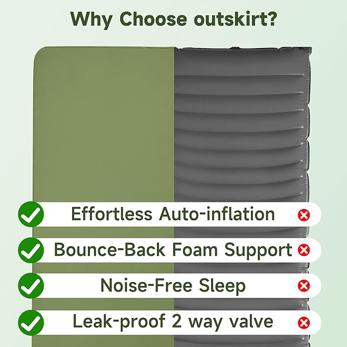OUTSKIRT Camping Sleeping Pad, 9.5 R-Value Insulated Camping Mat, 4" Thick Self Inflating Sleeping Pad, Foam & Air Camping Mattress, Portable All Season Camping Pad for Camp/Tent/Car/Truck/Cot