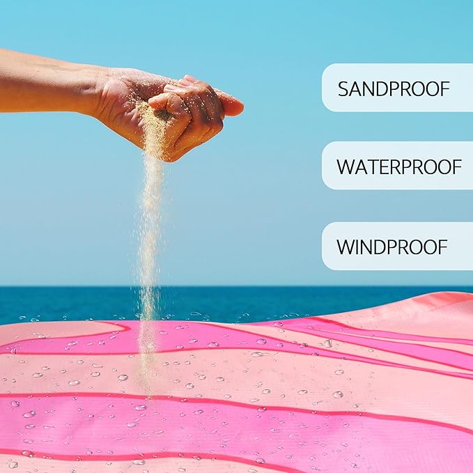 Pink Beach Blanket Waterproof Sandproof, Outdoor Beach Mat Sand Free with 4 Stakes & 4 Pockets, 9 Ft X 10 Ft Oversized Lightweight Compact Polyester Beach Essentials for Picnic, Camping, Sun Shade