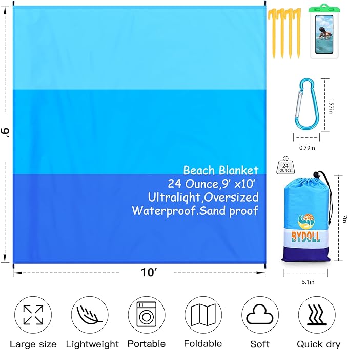 BYDOLL Beach Blanket Waterproof Sandproof 78''×81'' 1-7 Adults Oversized Lightweight Large Picnic Mat Waterproof Sandproof Blanket for Beach