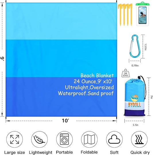 BYDOLL Beach Blanket Waterproof Sandproof 78''×81'' 1-7 Adults Oversized Lightweight Large Picnic Mat Waterproof Sandproof Blanket for Beach
