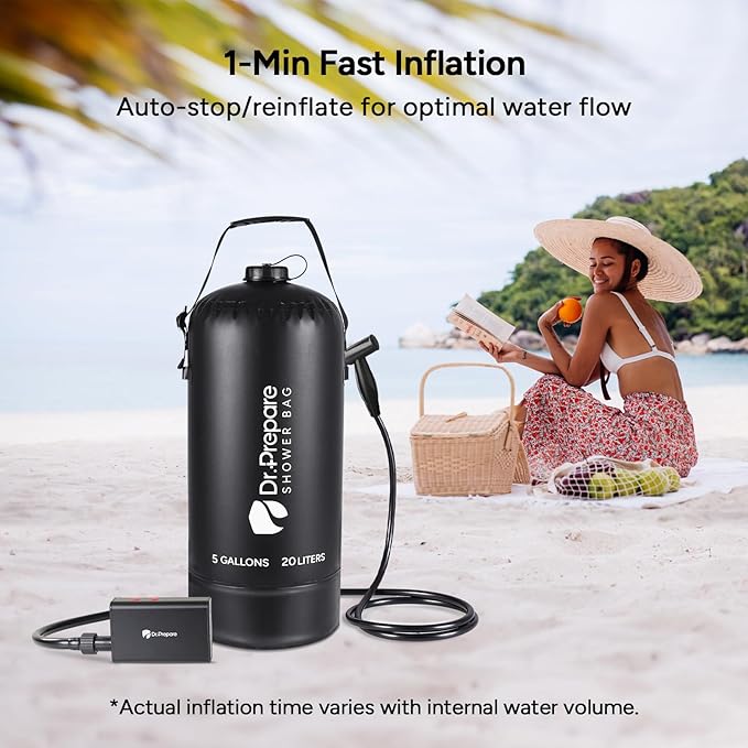 DR.PREPARE Camping Shower, 4 Gallons/5 Gallons Portable Shower with Rechargeable Electric Pump, Outdoor Shower Bag for Camping, Hiking, Traveling, Beach