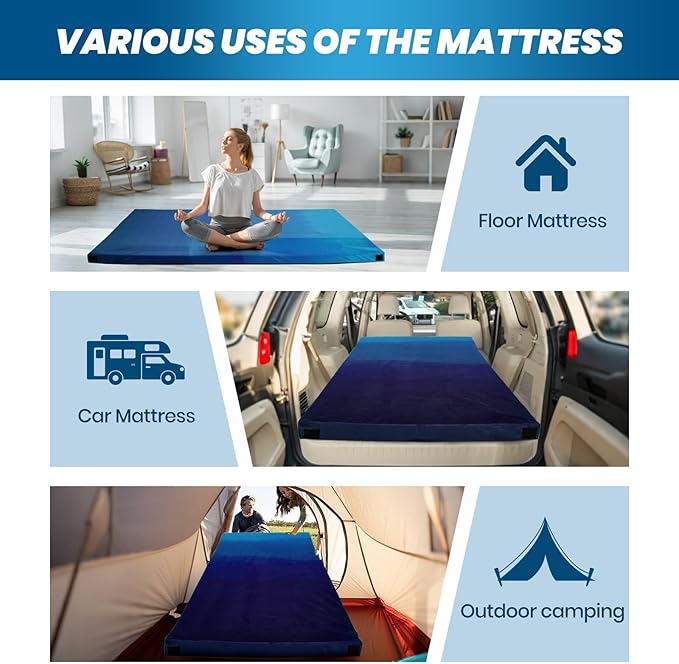 Memory Foam Camping Pad, Camping Sleeping Pad, Camping Mattress Pad with Pillow & Travel Bag, Portable Floor Mat Roll Up for Guest Adults Side Sleepers Indoor Outdoor Travel