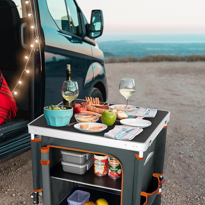 EAGLE PEAK Outdoor Folding Camping Table with Large 3-Tier Storage Organizer and Side Pockets, Easy Set Up Portable Aluminum Camping Kitchen, Gray