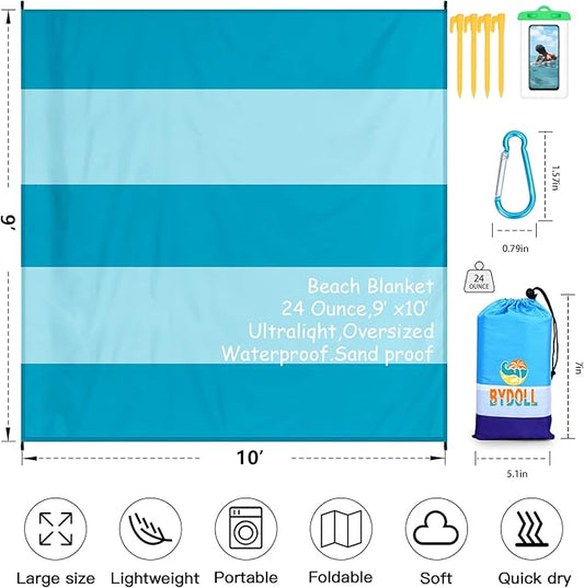 BYDOLL Beach Blanket Waterproof Sandproof 78''×81'' 1-7 Adults Oversized Lightweight Large Picnic Mat Waterproof Sandproof Blanket for Beach