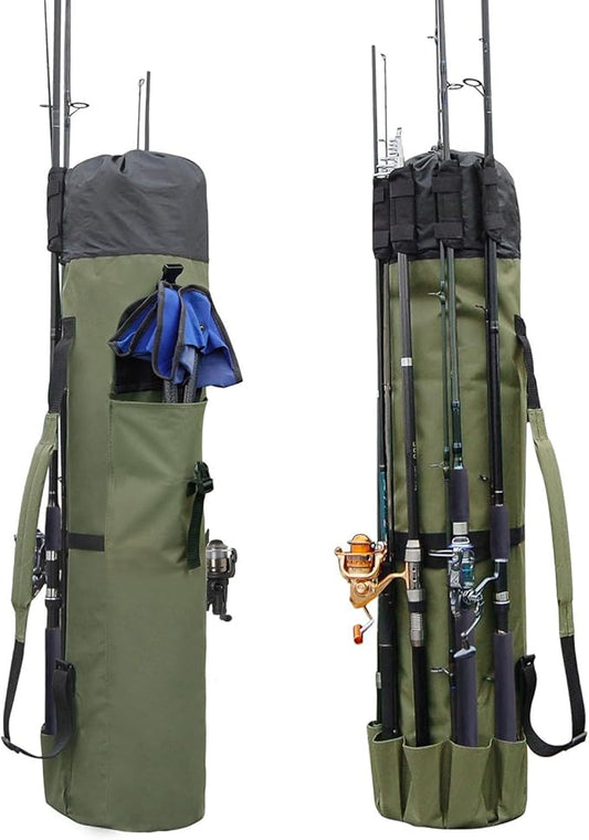 Allnice Durable Canvas Fishing Rod & Reel Organizer Bag Travel Carry Case Bag- Holds 5 Poles & Tackle