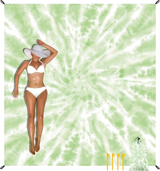 Extra Large Beach Blanket Waterproof Sandproof, Polyester Oversized Beach Mat for 8 Adults w/Stakes and Pocket, Quick Drying & Lightweight Picnic Blanket Beach Essential Accessory Must Haves-Tie Dye