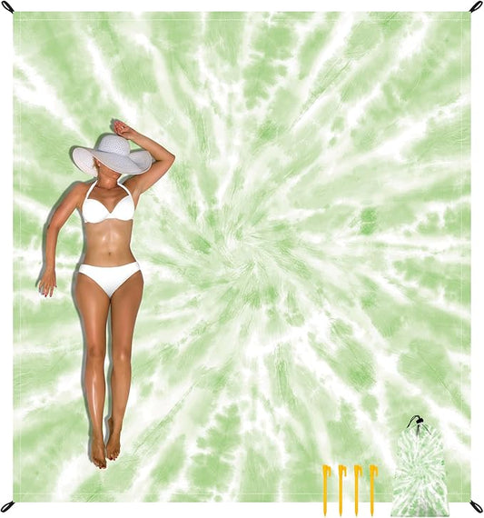 Extra Large Beach Blanket Waterproof Sandproof, Polyester Oversized Beach Mat for 8 Adults w/Stakes and Pocket, Quick Drying & Lightweight Picnic Blanket Beach Essential Accessory Must Haves-Tie Dye