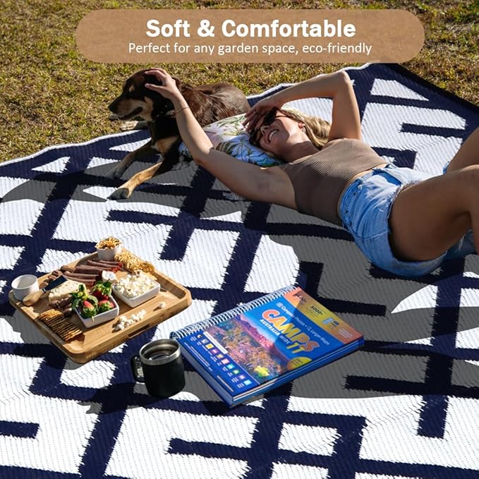 LILIOFFIC Outdoor Rugs - Reversible Mats, 5'x8' Plastic Straw Rug for Patio Clearance Waterproof, Indoor Outdoor Area Rug Carpet for Outside, RV, Deck, Picnic, Beach, Trailer, Camping, Blue & White