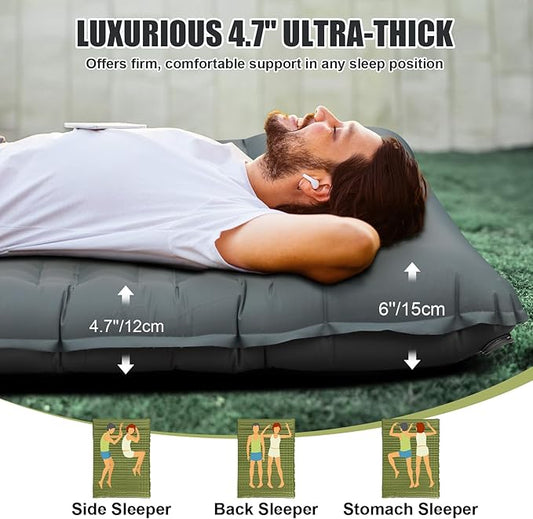 Double Sleeping Pad, Self Inflating 4.7'' Extra Thick for 2 Person Built-in Pump, Portable Camping Mattress Sleeping Mat for Backpacking Hiking Tent Travel