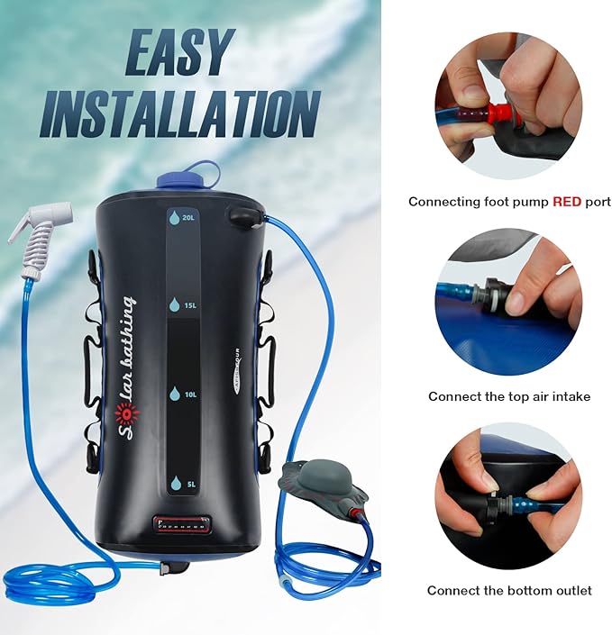 Portable Camping Shower Bag, 20L/5.4 Gallons Solar Shower Bag with Pressure Foot Pump and Shower Nozzle for Beach Camping Swim Travel Hiking Trip