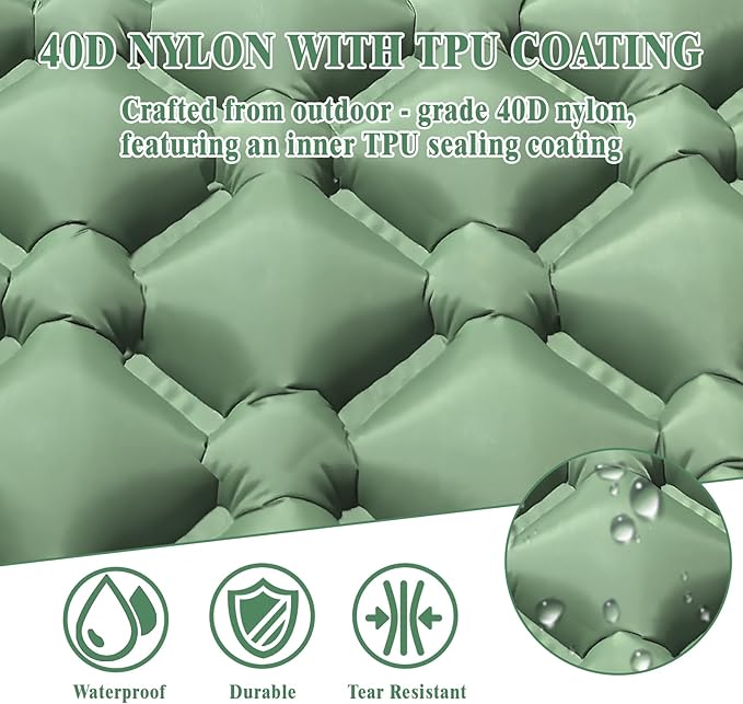 MEI&CO Lightweight Convertible Double Inflatable Camping Pad – 2-in-1 Single Pads Built-in Pillow – Quick Inflate Foot Pump, 660lb Capacity – Perfect for Couples & Family Adventures (2, Green)