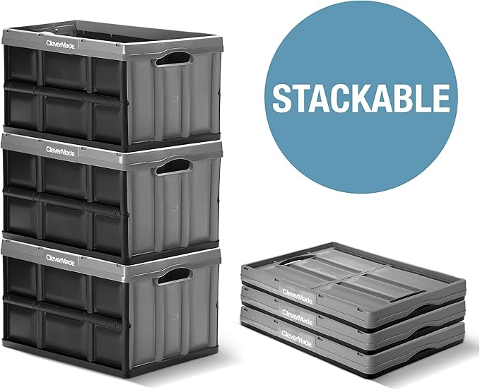 CleverMade Collapsible Storage Bins - Royal Blue 3 Pack 62L - Stackable Containers Heavy Duty Capacity Folding Crates - Space-Saving for Home