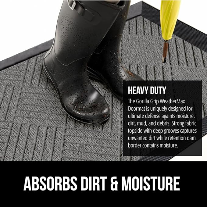 GORILLA GRIP 100% Waterproof All-Season WeatherMax Doormat, Durable Natural Rubber, Stain and Fade Resistant, Low Profile, Indoor Outdoor Door Mats, Easy Clean Patio Entrance Mat, 23x35, Steel Diamond