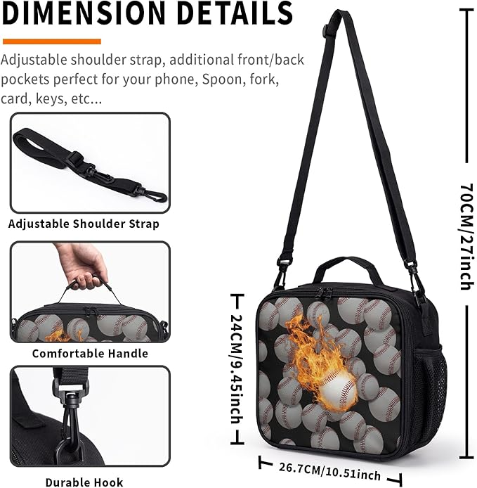 Fire Baseball Sport Pattern Lunch Bag Fire Sport Black Lunch Boxes for Women/Man Office Work Travel School Work Picnic Durable Reusable Insulated Large Lunch Tote Bag with Adjustable Shoulder Strap