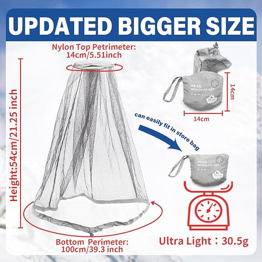 Benvo Mosquito Head Net Mesh One Piece Face Neck Fly Netting Cover from Bugs Gnats Noseeums Hat-Compatible Insect Shield for Fishing, Camping, Gardening (2pcs, Grey, Upgraded Big Net)