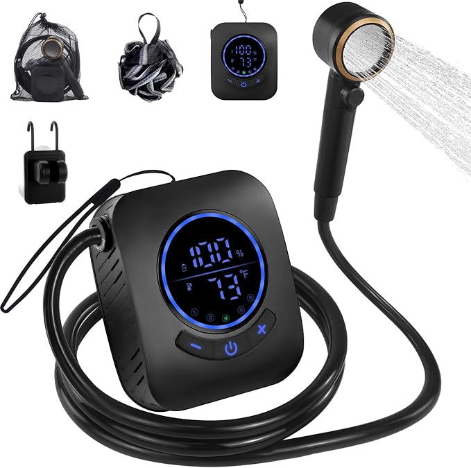 Portable Shower for Camping - 8000mAh Rechargeable Outdoor Shower Pump with 5 Pressure Modes, LED Display, IPX8 Waterproof, Lightweight Design for Hiking, Travel, Pet Cleaning, and Emergency