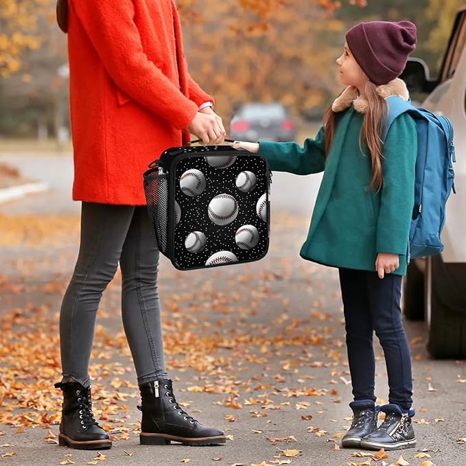 Baseball Black Kid Lunch Bags with Shoulder Strap Insulated Lunch Boxes for Boy Girls Waterproof Thermal Cooler Tote Bag Portable Picnic Bag for School Work Outdoor Gifts