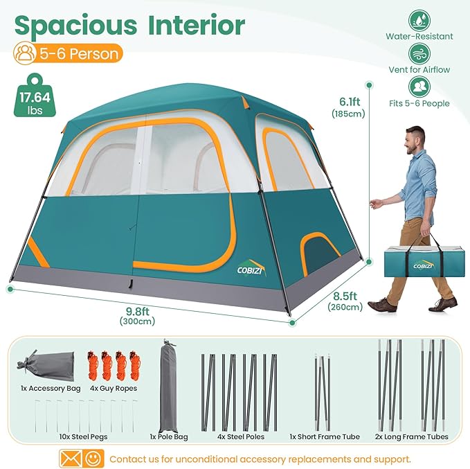 COBIZI Camping Tent, 4/6 Person Easy Setup Waterproof Windproof Backpacking Tent with Removable Rainfly, Lightweight Portable Outdoor Family Tents for Camping, Travel, Fishing, Hiking, Scouts