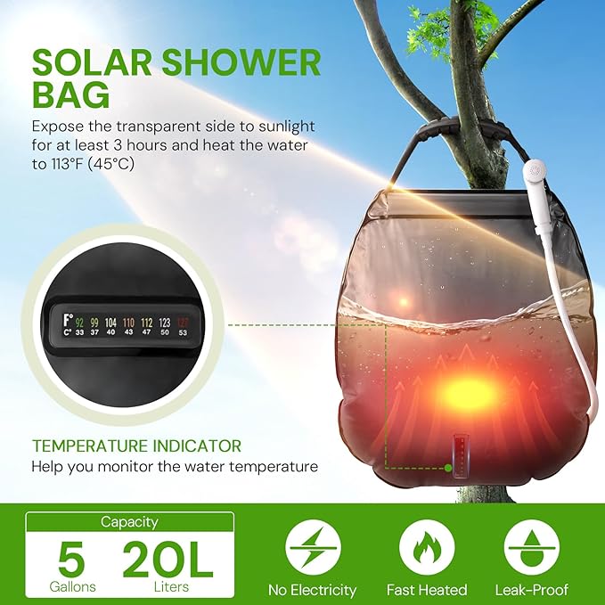 sapsisel Camping Shower Bag, 5 Gal/20L Solar Heating Camping Shower with Upgraded Hose and Shower Head,Portable Shower for Camping,Solar Shower