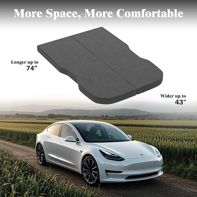 Ferlizer 4" Memory Foam Camping Mattress for Tesla Model 3, 74" x 43", Foldable Car Sleeping Pad with Plush Washable Cover, CertiPUR-US Certified, Dark Grey