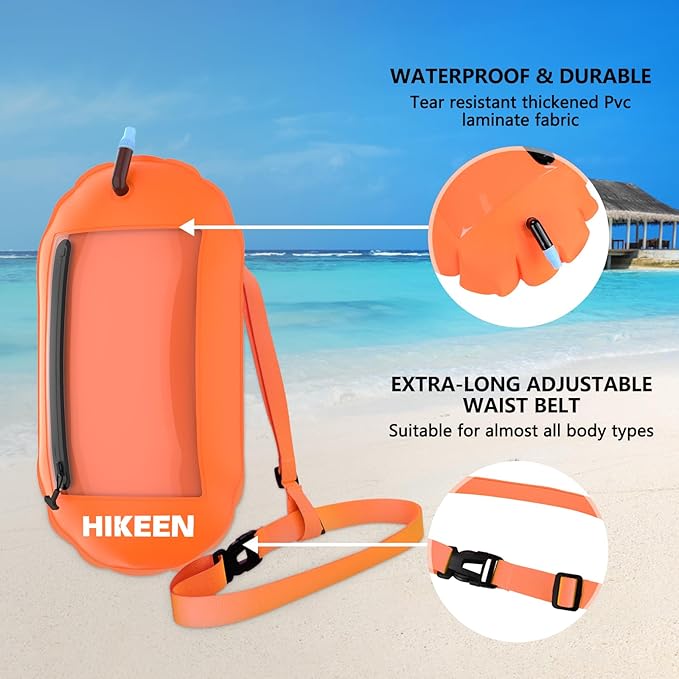 Hikeen Swim Buoy -Waterproof Touchscreen Storage Space, Swim Safety Float w/Adjustable Waist Belt for Open Water Swimmers and Triathletes -Be Bright,Be Safer & Be Seen