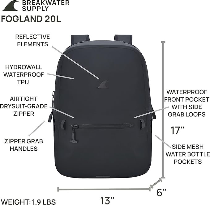 Breakwater Supply™ 100% Waterproof Submersible Backpack, Laptop Bag, Airtight Zippers | Travel Outdoors | Fogland 25L 20L 15L