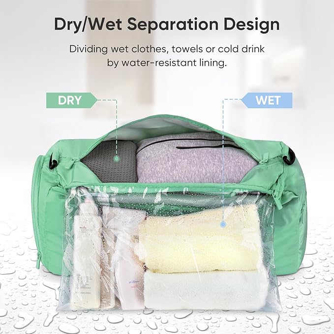 BALEINE Gym Bag for Women and Men, Small Duffel Bag for Sports, Gyms and Weekend Getaway, Waterproof Dufflebag with Shoe and Wet Clothes Compartments, Lightweight Carryon Gymbag (Green)