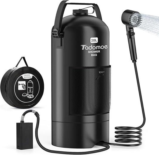 Portable Shower for Camping, 5 Gal/20 L Solar Heating Camping Shower Bag with Shower Pump, Portable Shower Head, Essential for Camping,Festivals, Overlanding, Beach Trips,Outdoor Showers