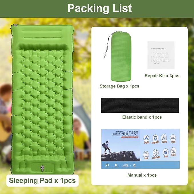 Camping Sleeping Pad, 50D Extra Thickness 4.7 Inch Inflatable Sleeping Mat Lightweight Waterproof Camping Pad, Foot Self-Inflating Sleeping Pads for Backpacking, Hiking, Traveling (Green+Grey)
