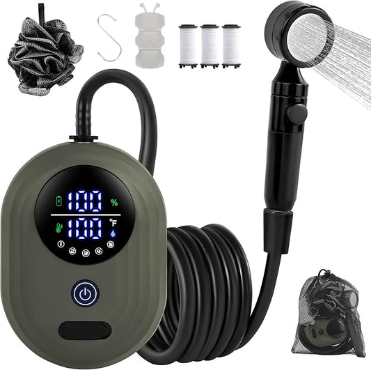 Lightweight Portable Camping Shower, 6000mAh Rechargeable Outdoor Shower Pump with 5 Pressure Modes, Filtered Shower Head, Temperature & Power Display for Hiking, Travel, Washing, Emergency