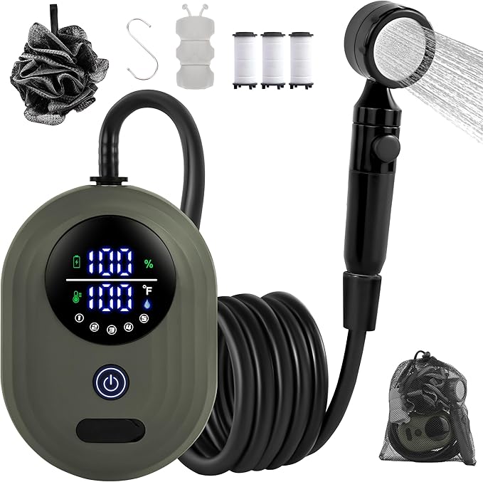 Lightweight Portable Camping Shower, 6000mAh Rechargeable Outdoor Shower Pump with 5 Pressure Modes, Filtered Shower Head, Temperature & Power Display for Hiking, Travel, Washing, Emergency