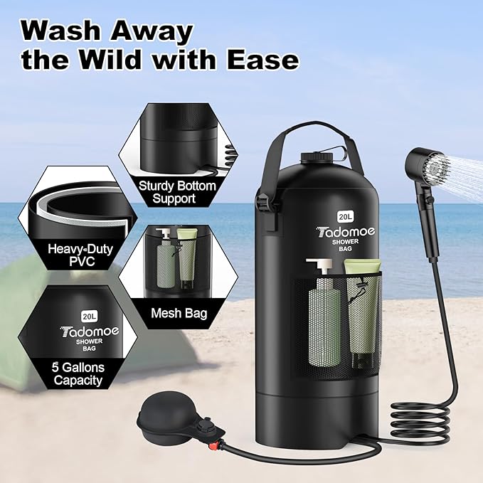 Portable Shower for Camping, 5 Gal/20 L Solar Heating Camping Shower Bag with Shower Pump, Portable Shower Head, Essential for Camping,Festivals, Overlanding, Beach Trips,Outdoor Showers
