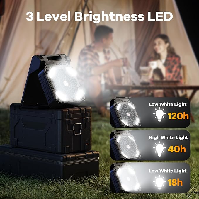 Solar Powered Fan for Camping, 10400mAh Rechargeable Battery Operated Portable Fan with LED Lantern, 4 Speeds Powerful Wind and 3 Timer Table Fan, for Picnic, Hurricane, Fishing, (Black)