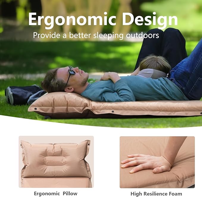 BISINNA Self Inflating Sleeping Pad Thick Foam Sleeping Mattress with Pillow for Camping Lightweight Insulated Sleeping Mat Fast Inflating for Camping Travel Car Tent