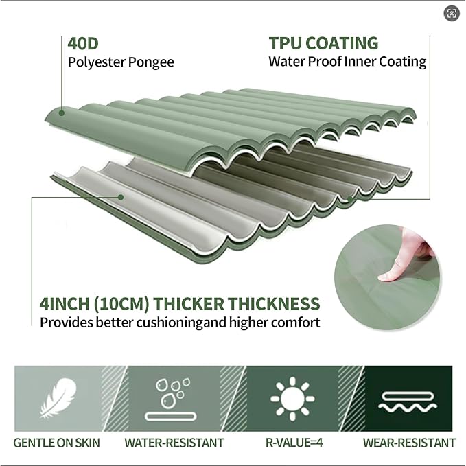 Camping Sleeping Pad - Camping Mattress, 4" Thick Ultra-Light, Pillow Built in Foot Pump, Thickened and Silent Anti-air Leakage, Hiking Camping, Family Trips Green