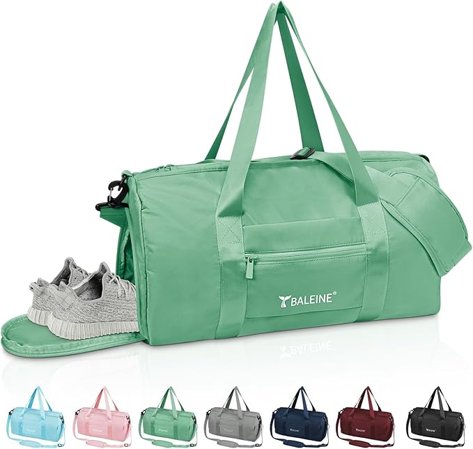 BALEINE Gym Bag for Women and Men, Small Duffel Bag for Sports, Gyms and Weekend Getaway, Waterproof Dufflebag with Shoe and Wet Clothes Compartments, Lightweight Carryon Gymbag (Green)
