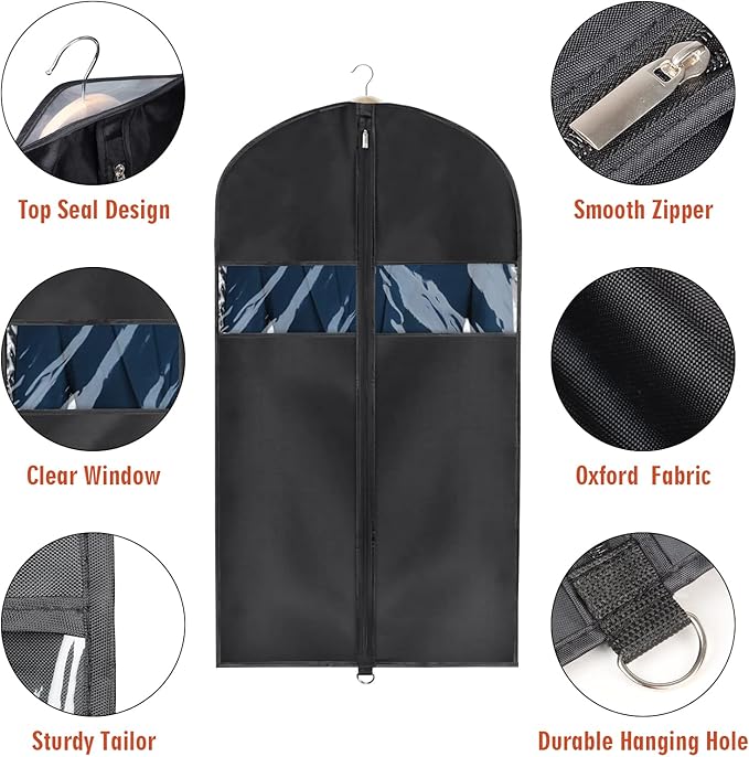 Univivi 8 Pack Suit Bags 43" Waterproof Black Garment Bag, Coat Covers from Dust with Zipper and Transparent Window, for Hanging Clothes, all coats, suits, women shirts, tuxedos, uniforms, winter