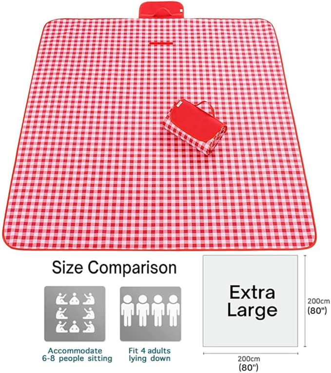 Outdoor Picnic Blanket, XL Foldable Waterproof Sand Beach Mat , in Large 80x60in and Extra Large 80x80infor Beach Camping Hiking Travel Family Concerts Portable Beach Blankets (Classic Red Check)