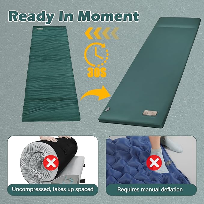 Sleeping Pad for Camping, Self Inflating Camping Pad with Pillow, 3.14" Compact Thick Memory Foam Camping Mattress Pad, Travel Portable Camp Sleeping Mat with Built in Pump