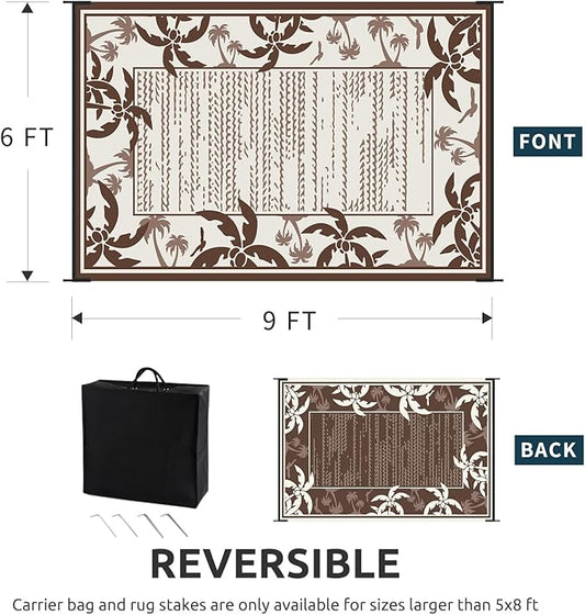 COCOER Outdoor-Rug 6x9 ft Waterproof Reversible Outdoor Plastic Straw Rug RV Indoor Outdoor Carpet Quick Dry Patio Rug Camping Mat for Balcony Backyard Picnic Beach-Brown&Beige