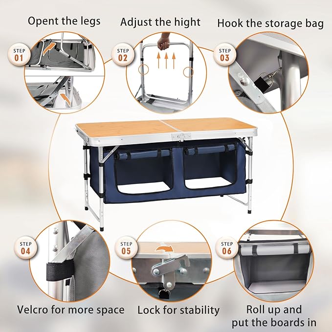 CampLand Outdoor Folding Table Aluminum Lightweight Height Adjustable with Storage Organizer for BBQ, Party, Camping