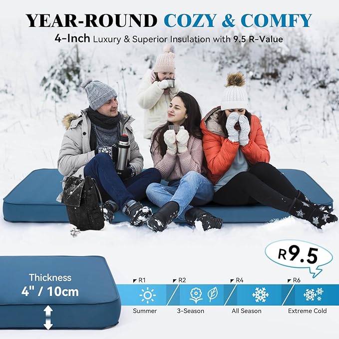 Hikenture 4 INCH Thick Self Inflating Sleeping Pad with 9.5 R Value, Comfort Plus Camping Mattress with Pump Sack, Inflatable Foam Insulated Camping Pad, Portable Camping Mat for 4-Season