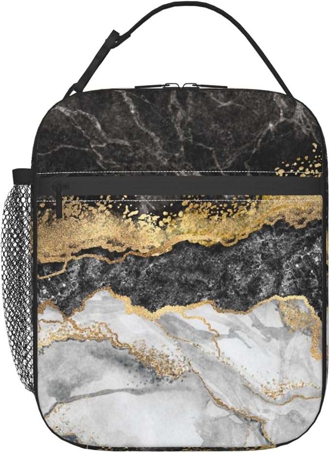 Black Grey Gold Marble Insulated Lunch Bag Reusable Cooler Lunch Box Portable Leakproof Thermal Container Tote Bags for Girls Boys School Travel