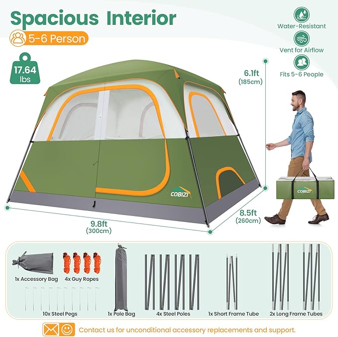 COBIZI Camping Tent, 4/6 Person Easy Setup Waterproof Windproof Backpacking Tent with Removable Rainfly, Lightweight Portable Outdoor Family Tents for Camping, Travel, Fishing, Hiking, Scouts