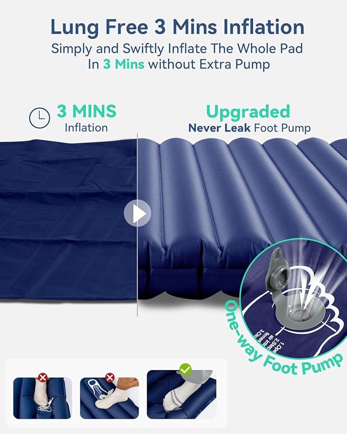 Hikenture Double Sleeping Pad for Camping, 4" Extra-Thick Camping Mattress 2 Person, Inflatable & Ultralight Sleeping Mat for Backpacking, Hiking (Navy Foot Pump, Full XL)