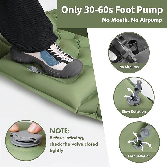Sleeping Pad for Camping - 4” Thick Inflatable Camping Mattress with Built-in Pump & Pillow, Ultralight Self Inflating Air Mattress, Backpacking Sleeping Mat for Hiking, Olive Green