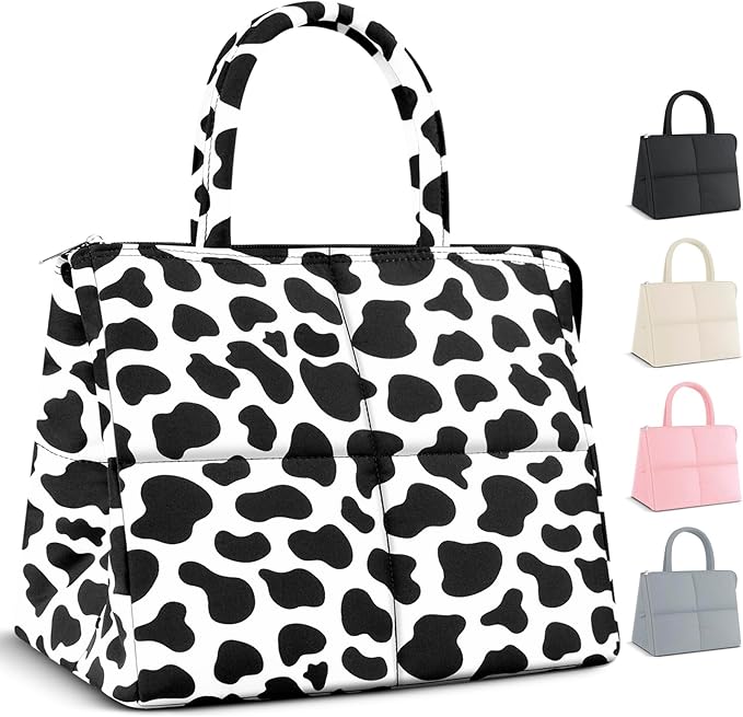 Coobiiya Stylish Quilted Puffer Lunch Box Lunch Bag for Women Men, Ultralight Thickened Leakproof Lunch Cooler Tote, Adult Small Cute Reusable Insulated Lunch Box for Work, Office, Travel (Cow)